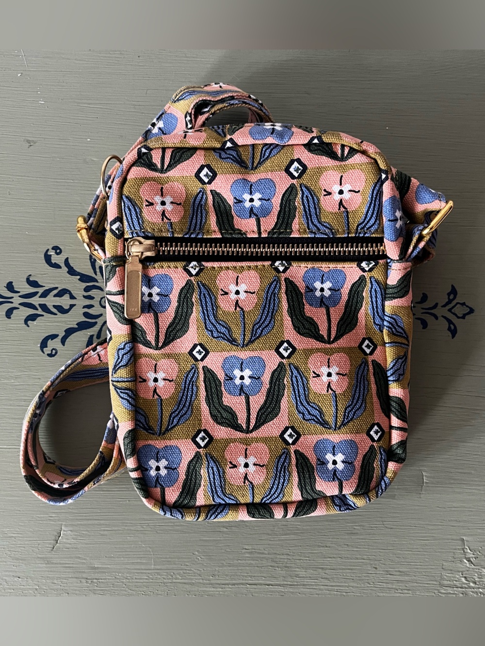 Floral Canvas Crossbody Bag in Pink and Blue